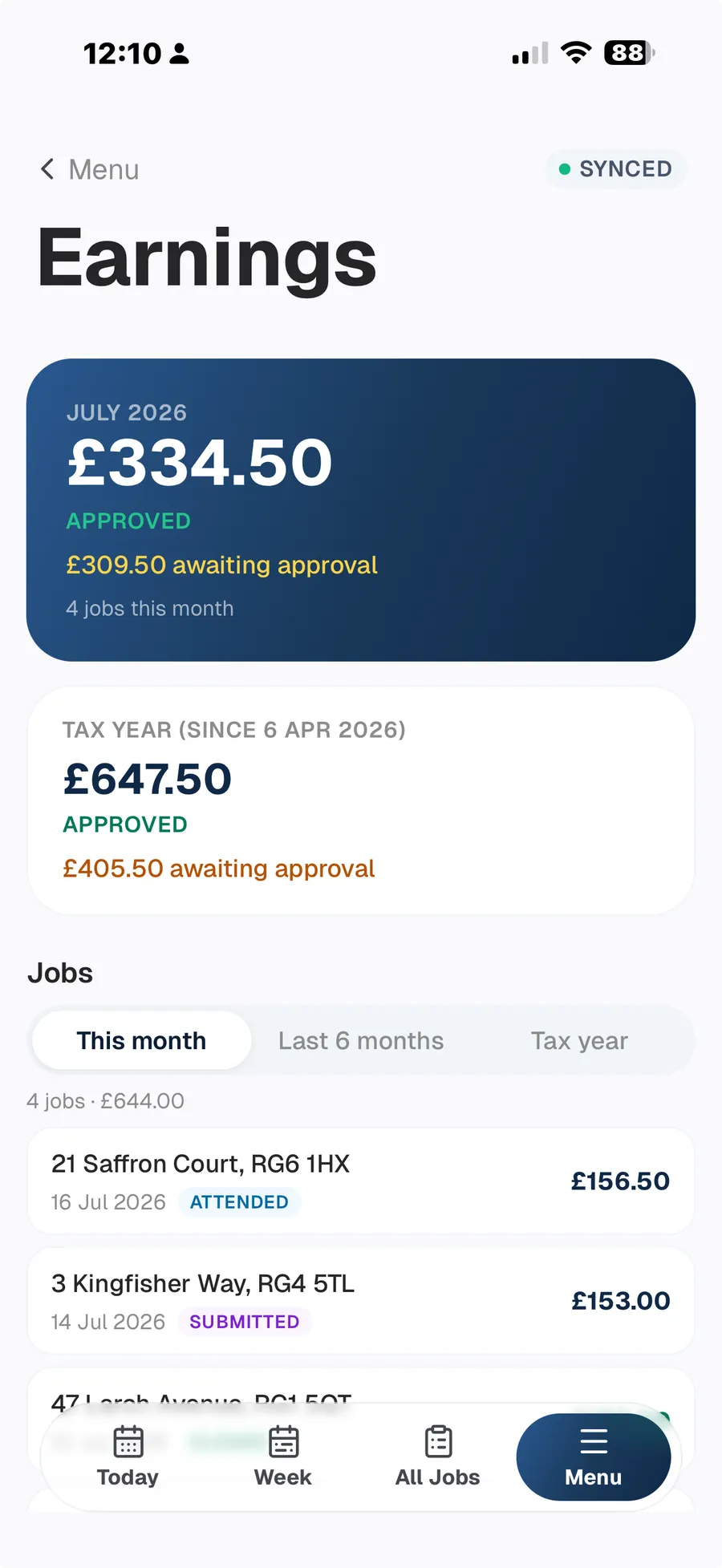 Engineer earnings in the Tutaris app