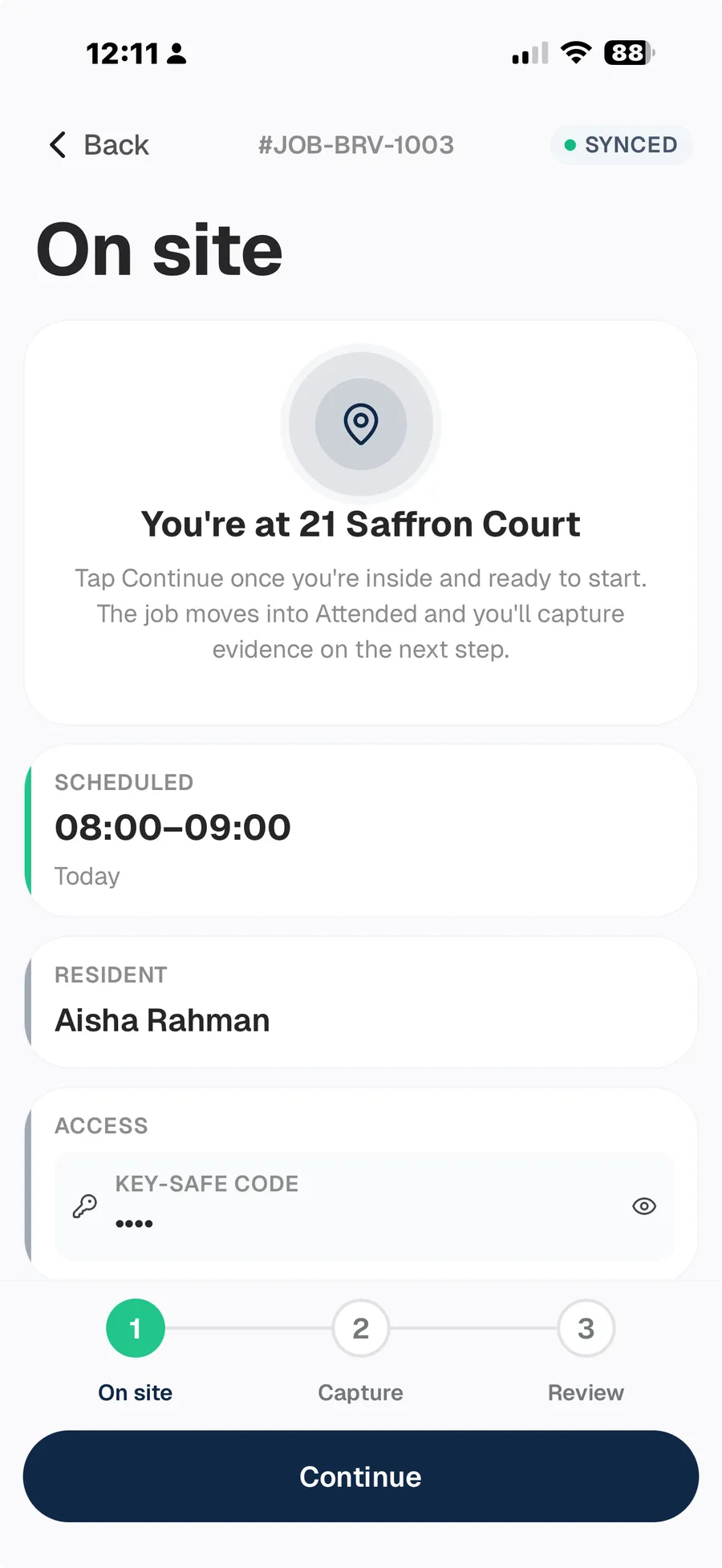 Arrive step in the Tutaris app