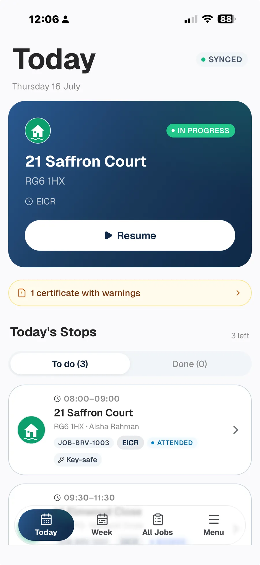 The Tutaris engineer app Today screen